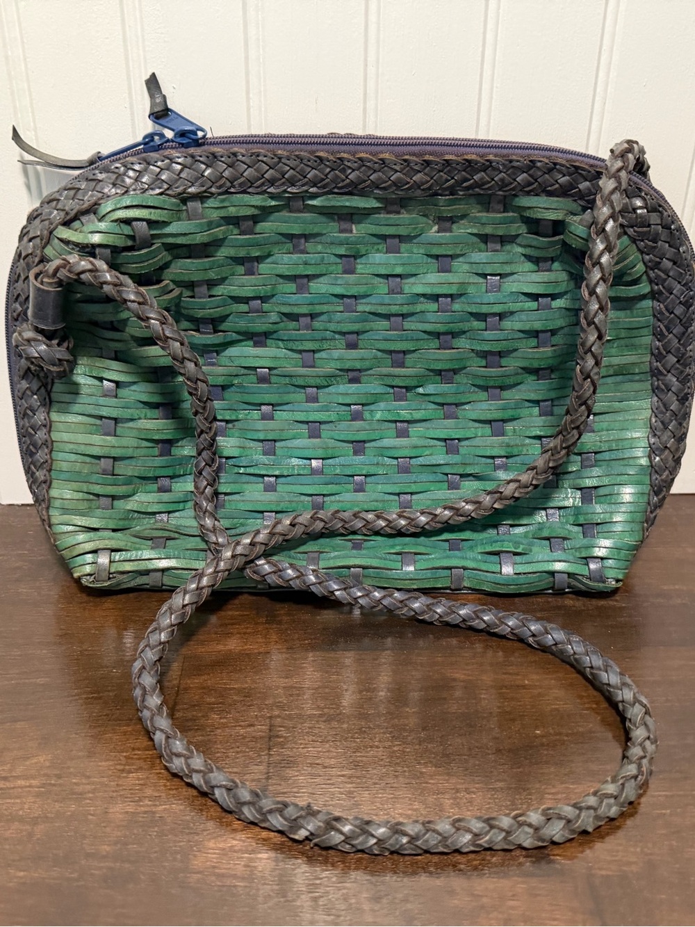 Franco Sarto crossbody bag. Leather. Weave pattern. Braided strap. Blue green